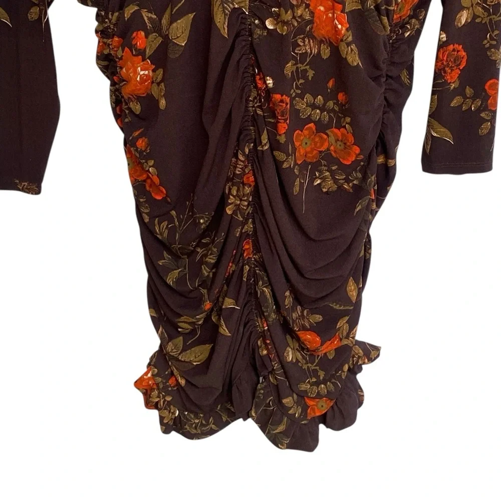 H&M Womens Long Sleeve Brown Red Floral Dress Size 3XL NWT Ruching Bodycon - Picture 7 of 13